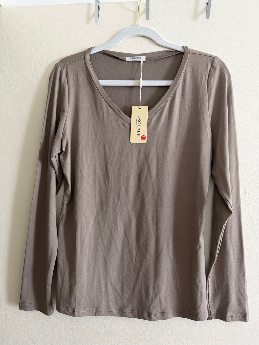 Soft V-Neck Long Sleeve Top — Taupe